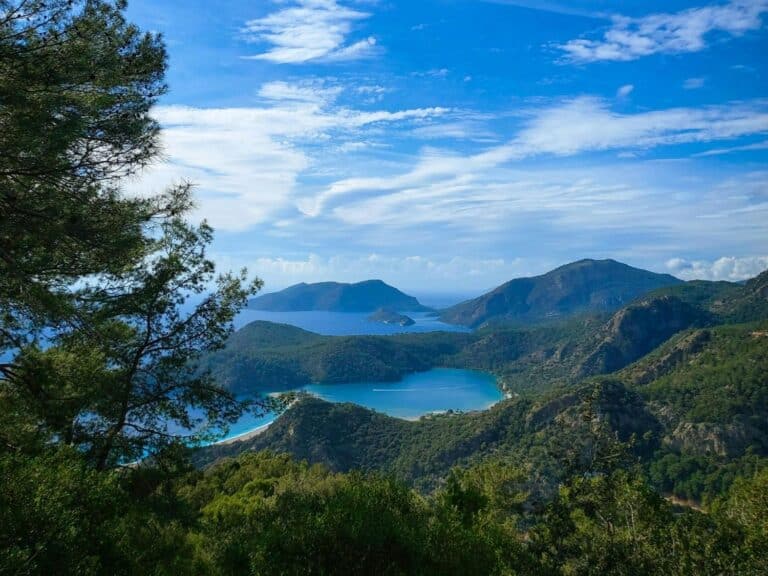 View from the Lycian Way near Kalkan, with mountains, olive terraces and the Turquoise Coast beyond