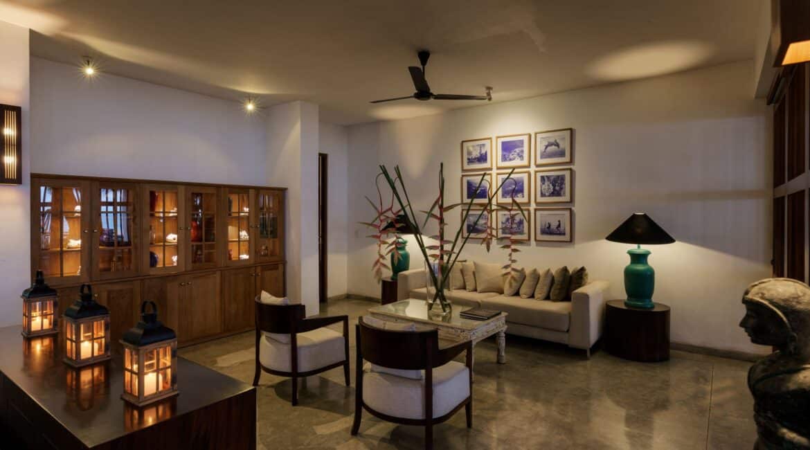 Spacious open-plan living area at Lantern Boutique Hotel, Sri Lanka modern and cosy interiors with lots of candle light