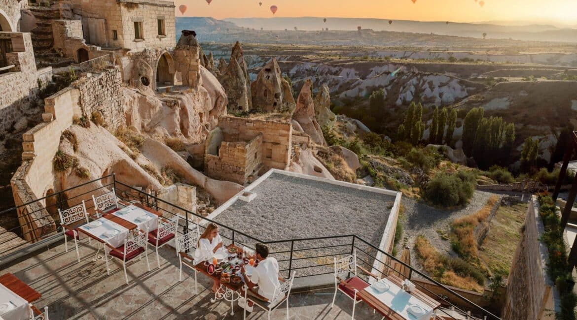 Taskonaklar Hotel breakfast terrace with glorious views over Cappadocia and the hot air balloon skyline