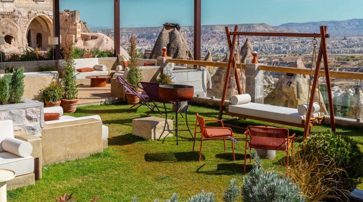 Taskonaklar Hotel gardens with far reaching views over Pigeon Valley in Cappadocia