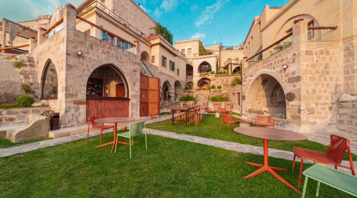 Taskonaklar Hotel landscaped gardens and stunning surrounding buildings in Cappadocia