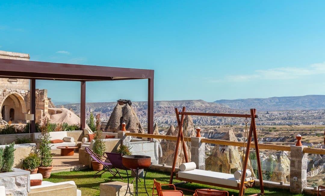 Taskonaklar Hotel landscaped gardenswith views over Pigeon Valley in Cappadocia