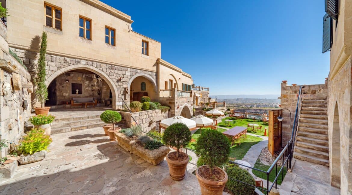 Taskonaklar Hotel manciured gardens and grounds with pathways meandering between rooms in Cappadocia