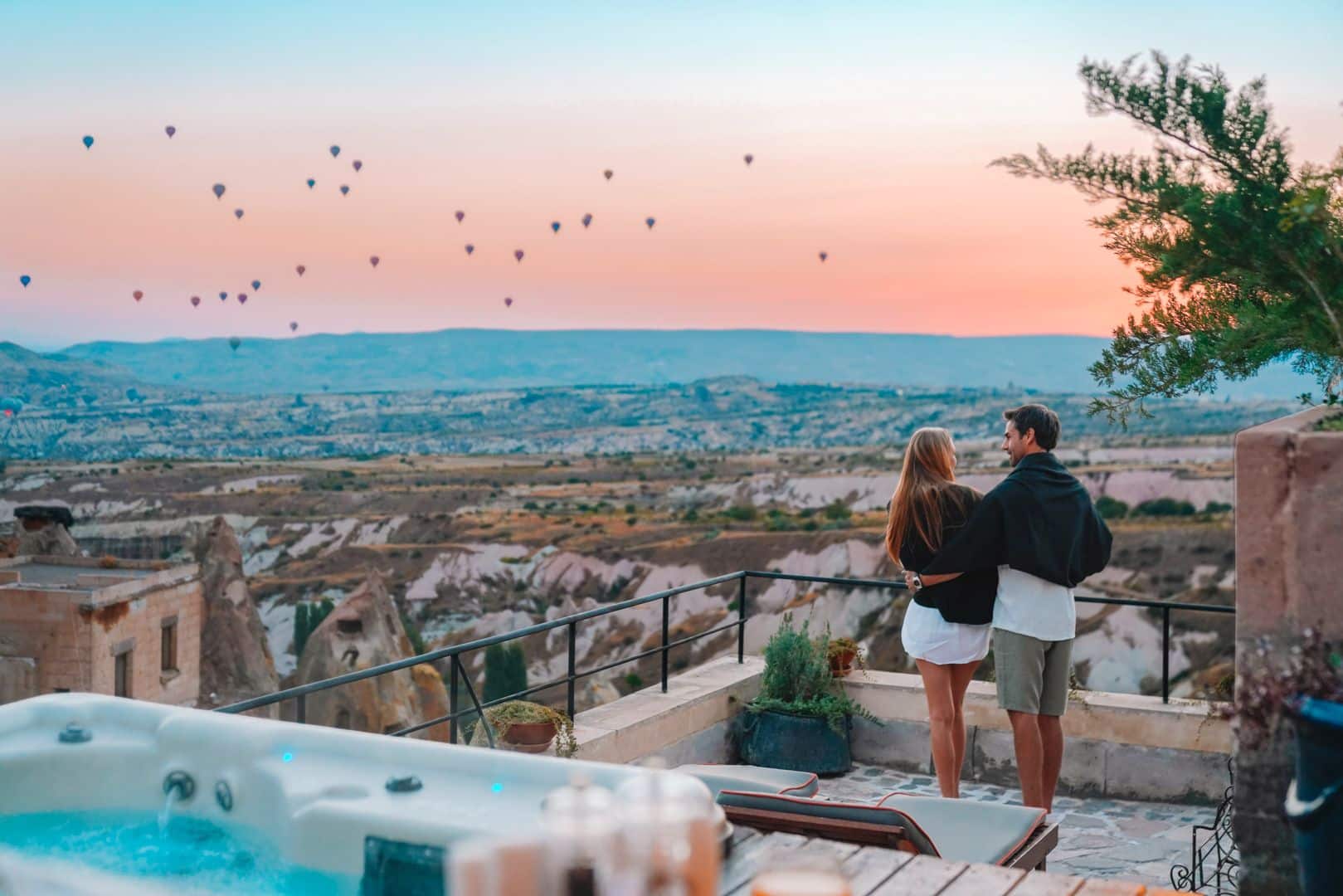 Taskonaklar Hotel views from a balcony with a jacuzzi over the pigeon valley in Cappadocia