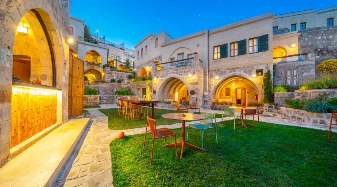 Taskonaklar Hotels stunning landscaped gardens by night in Uchisar Cappadocia