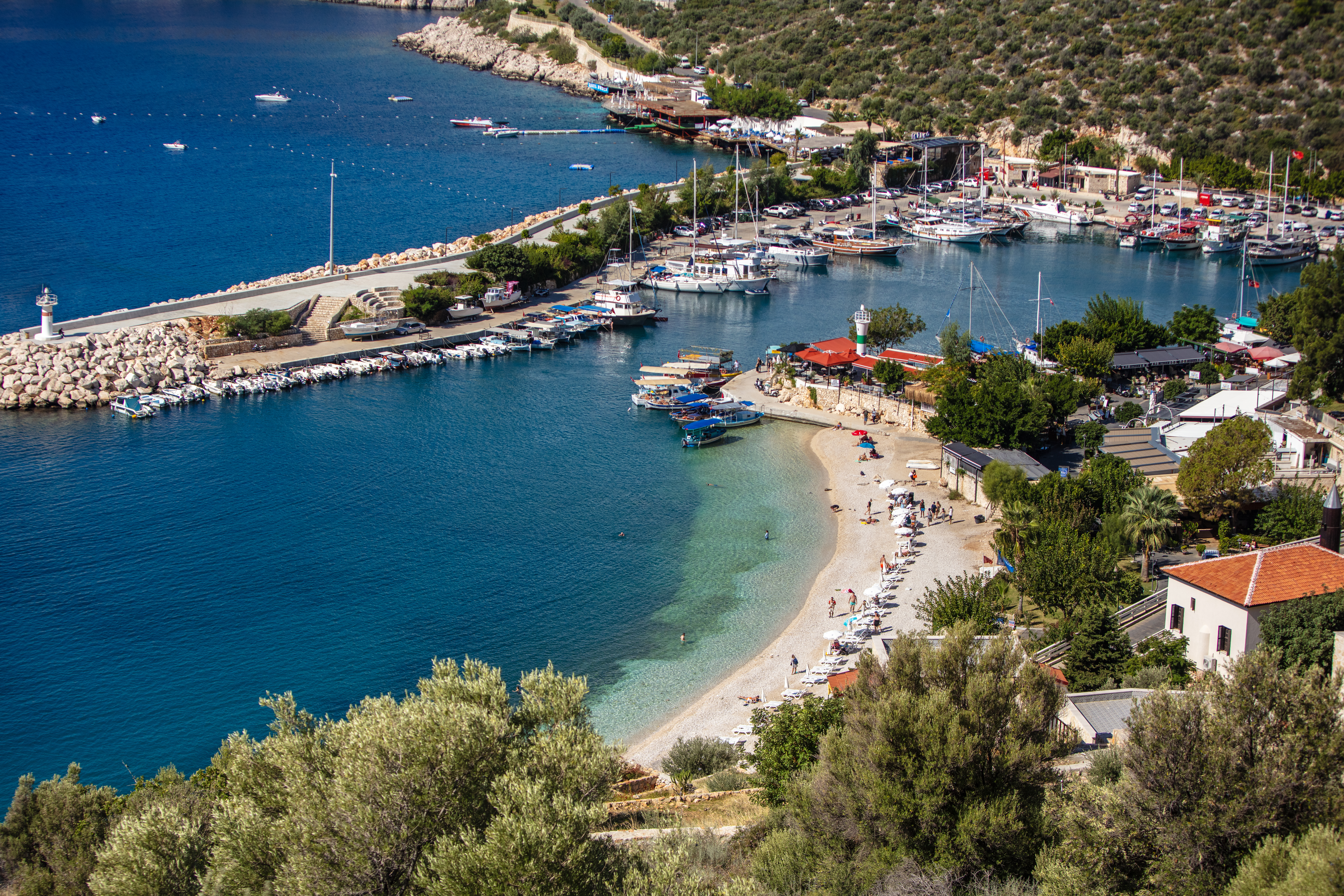 Kalkan beach and harbour from above with sweeping bay and turquoise sea