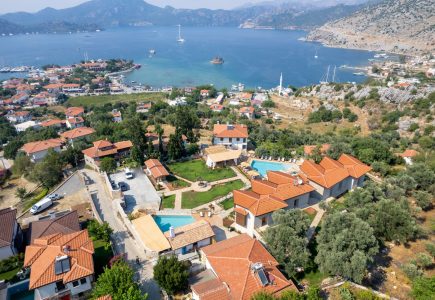 Boho Garden Drone Footage looking over selimiye bay