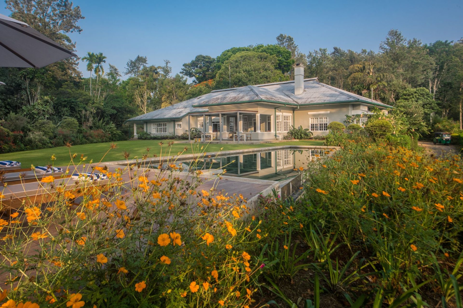 Infinity pool at Nine Skies framed by flowering gardens, bungalow, and dense Hill Country foliage